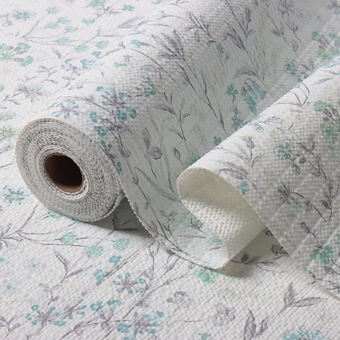 Blue and Green Floral Shelf Liners Non Adhesive and 12IN x 20FT Strong Non-Slip Shelf and Drawer Liners for Kitchen Cabinet Wire Fridge, Waterproof Shelf Drawer Liner,Easy to Clean