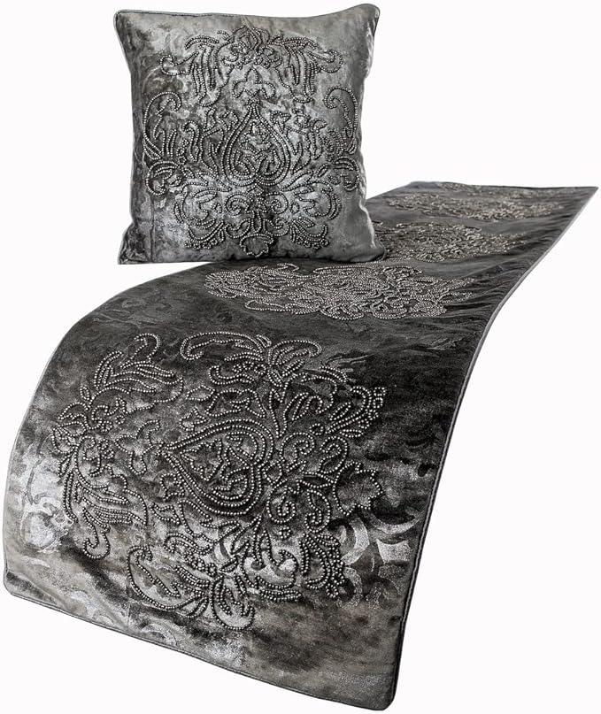 The HomeCentric Decorative Designer Handmade Bed Runner Without Pillow Cover, 53 x 18 Inch Damask Designer Twin Size Bed Scarf in Foil Velvet and Embroidery Bed Linen Foot Warmer Home - Foil Damask