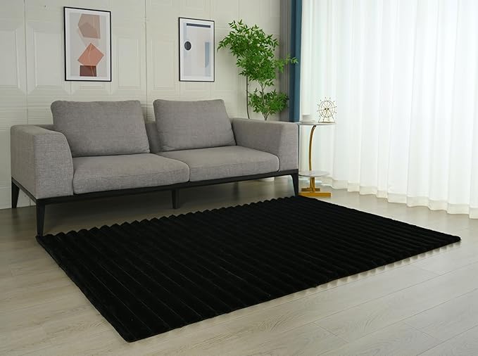 GLORY RUGS Area Rugs Striped Soft Faux Rabbit Fur Rug 8x10 Becky Black Plush Carpet Shag Cozy Fluffy Rug Non Slip Rugs, Machine Washable Shaggy Area Rug Bedroom Living Room and Dining Room.