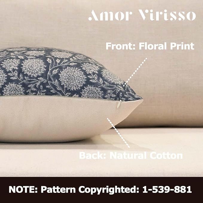 Amor Virisso Floral Pillow Covers 20x20 Throw Pillow Covers Vintage Block Print Pillow Cover Neutral Couch Pillows for Living Room Farmhouse Decorative Accent Sofa Pillows, Dusty Blue