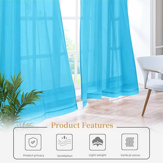 Sheer Curtains 72 Inches Long 2 Panels, Rod Pocket Short Curtain for Kitchen, Bedroom, Cafe Window(Cyan Blue 38" W x 72" L)