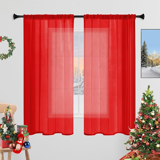 Sheer Curtains 45 Inches Long 2 Panels, Rod Pocket Short Curtain for Kitchen, Bedroom, Cafe Window(Red 38" W x 45" L)