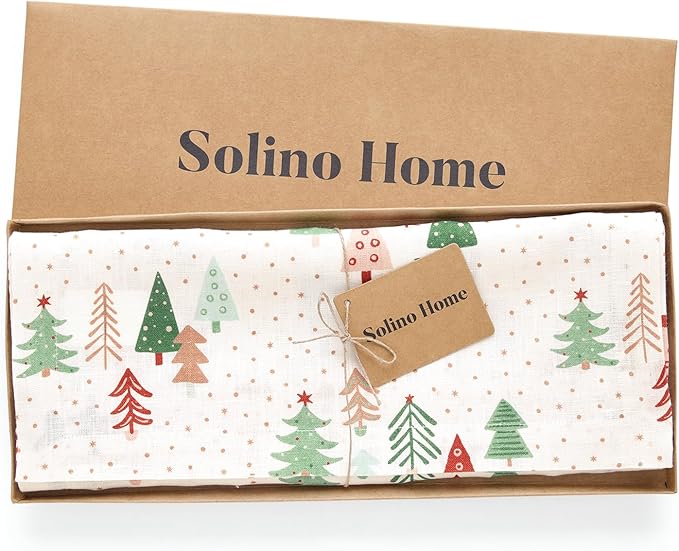 Solino Home Christmas Table Runner 132 Inches Long - 100% Pure Linen Print Table Runner 14 x 132 Inch - Handcrafted and Machine Washable - Modern Christmas, New Year