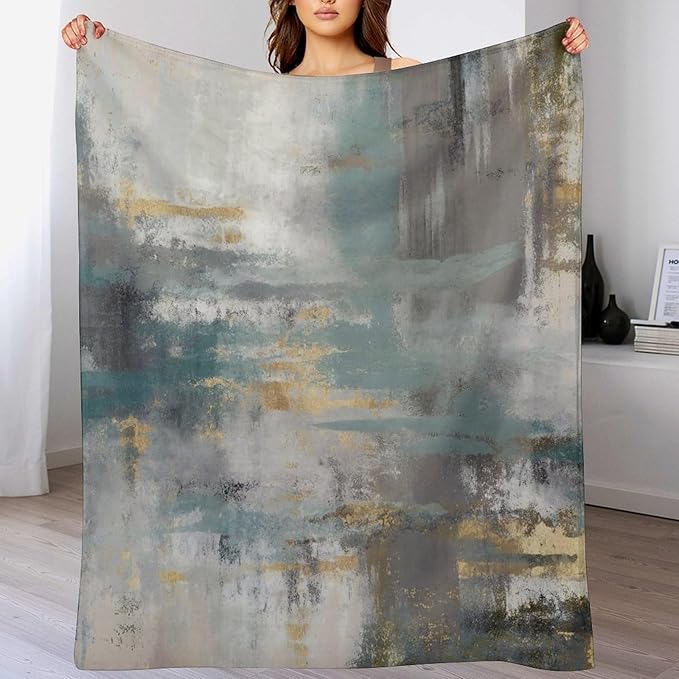 Fashion Gradient Blanket, Modern Art Baroque Gold Grey Green Painting Strokes Pattern Soft Warm Cozy Plush Flannel Covers for Livingroom Bedroom Couch Chair Camping Travel Home Decor Tapestry 60x80in
