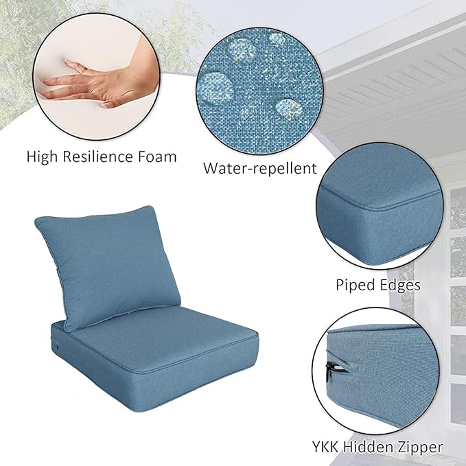COZYVIDA Outdoor/Indoor 22x24 inch Deep Seat Patio Cushions Set of 2 Resilient Foam Filling Water Repellent Stain-Resistant UV Resistant Weather Resistant Patio Cushions Light Blue
