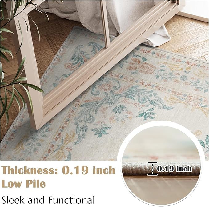jinchan Floral 5x7 Area Rugs for Nursery - Machine Washable Vintage Distressed Design Soft Ultra-Thin Low-Pile Non-Slip Kids Carpet for Bedroom Living Room Dining Room Home Office (5x7ft, Apricot)