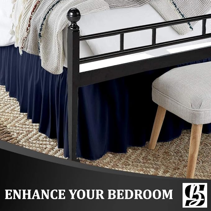 SKY BEDDINGS - Full Size Ruffled Bed Skirt with Split Corners - 16 Inch Drop Dust Ruffle Bed Skirt with Platform Three Sided Coverage - 100% Microfiber, Navy Blue