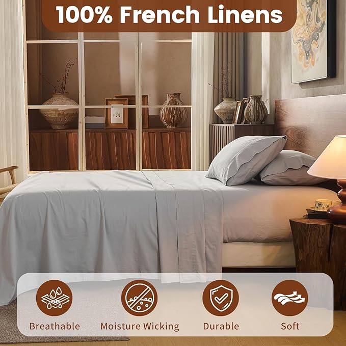 100% Linen Sheets King Size,Breathable & Durable 4-Piece Bed Flax Sheet Set,Soft All-Season Bedding for Hot Sleepers 16" Deep Pocket Oeko-TEX Certified,（King, Grey）