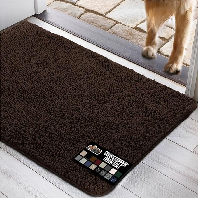 GORILLA GRIP SOAKSTOPPER Dog Door Mat, 30x20 Machine Washable Rug Absorbent Doormat Captures Moisture Mud Dirt, Quick Dry Soft Chenille Entryway Rugs Indoor Entrance Mats for Dog Paws, Brown