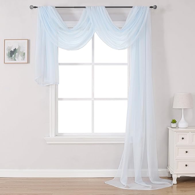 DONREN Scarf Curtain for Window - Home Decoration Sheer Voile Scarf Valance for Wedding (1 Panel, W34 x L216, Light Blue)
