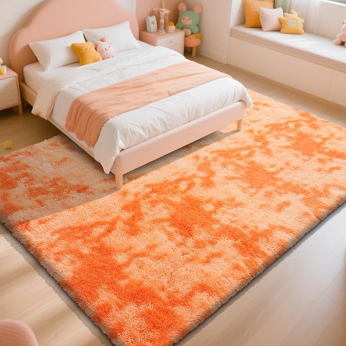 Mottling Orange Fluffy Rug Shaggy Area Rug, 3x5 Area Rugs for Girls Bedroom, Soft Cute Baby Play Mat, Indoor Floor Carpet for Teen, Nursery, Preppy Dorm, Plush Aesthetic Bedside Rug