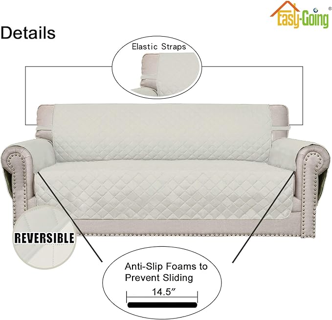 Easy-Going Reversible Loveseat Couch Cover for 2 Cushion Couch Sofa Cover for Dogs Water Resistant Furniture Protector with Foam Sticks Elastic Straps for Pet (Loveseat, Ivory/Ivory)