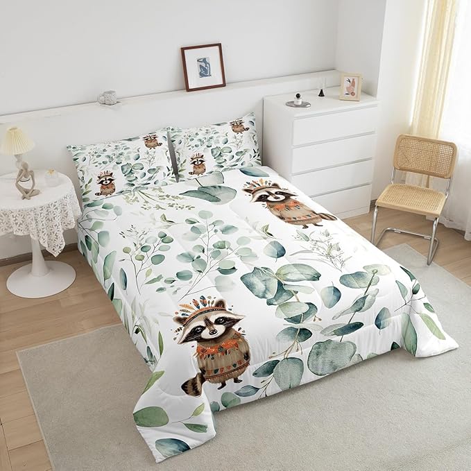 Erosebridal Cute Raccoon King Bedding Sets for Kids Child Green Eucalyptus Comforter Set, Woodland Animal Duvet Insert Botanical Plant Leaves Down Comforter, Cartoon Wildlife Bedding Comforter Sets