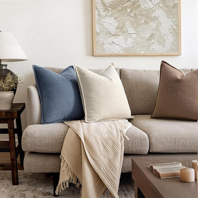 MIULEE Decorative Pillow Covers 18x18, 2 Pack Boho Farmhouse Neutral Throw Pillows for Couch, Thick Textured Modern Linen Cushion Cases Sofa Bed Living Room Home Decor, Cream White