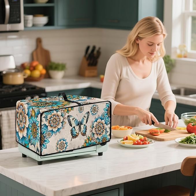 Toaster Oven Dust Cover for Countertop Convection Ovens, Dustproof Smart Kitchen Appliance Cover Modern Design Kitchen Decor, L, 18.5 x 22.5 x 13 Inches, Boho Butterfly Floral