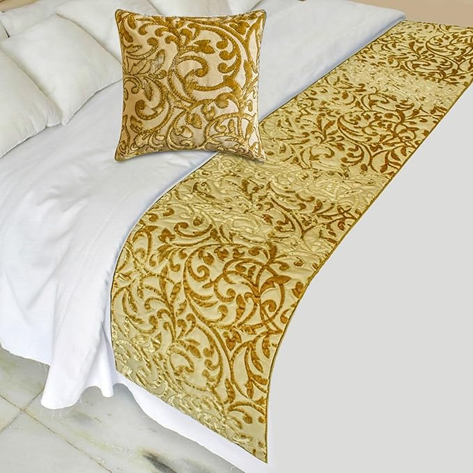 HomeCentric Beige Gold Decorative Bed Runner - Twin 53"x18" with Two Pillow Covers, Cut Velvet, Beaded Bed Scarf on Velvet Fabric - Serene Symphony