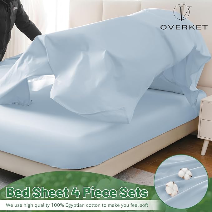 100% Egyptian Cotton Sheets Cal King Sheet Set 4PCS 1000 Thread Count Sateen Weave Soft Breathable 16-Inch Deep Pocket（California King,Light Blue）
