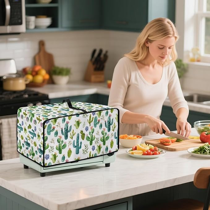 Watercolor Cactus Floral Print Toaster Oven Cover Waterproof Polyester-Linen Fabric Microwave Oven Dust Cover Foldable Kitchen Appliance Protector Dirt and Fingerprint Protection, L