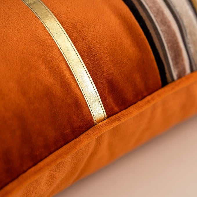 Yangest Orange Striped Patchwork Throw Pillow Cover Gold Leather Cushion Cover Zippered Pillowcase for Sofa Couch Bedroom Living Room Home Decoration,18x18 Inch