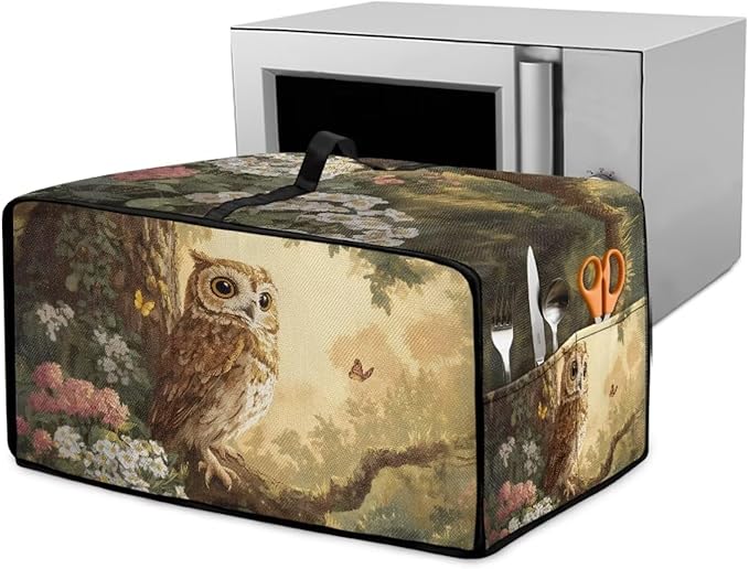 Owl Floral Tree Butterfly Print Microwave Oven Dust Cover Heavy Duty Microwave Oven Cover with Storage Pockets Foldable Dust-Proof Decor Accessories for Kitchen, L