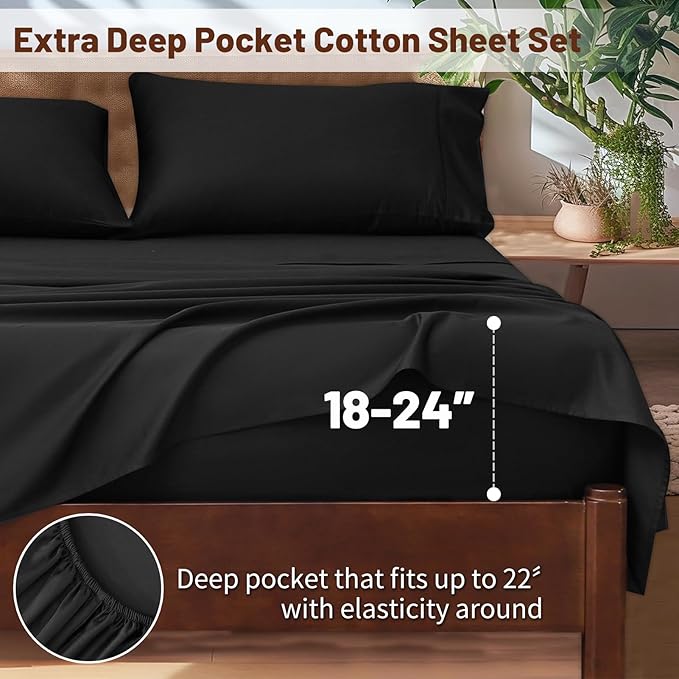 Extra Deep Pocket King Sheets 18-24 Inch 100% Egyptian Cotton 1000 Thread Count Sateen Weave Soft Breathable 4 Pieces（King，Black）