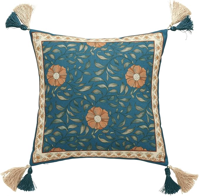 patdrea Designer Square Throw Pillow Covers,French Floral Blue Farmhouse Linen Vine Branch Pattern Pillow Cover,Decorative Pillowcases Cushion for Bed Living Room Outdoor Car,18"x18"