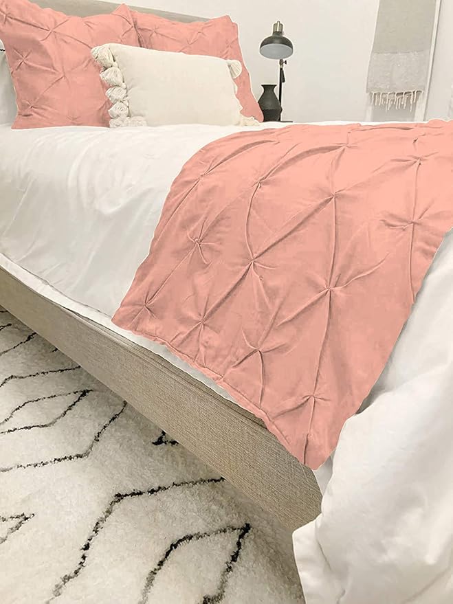 Bed Runner Set - 100% Pure Cotton 800 Thread Count - Luxury 1 Pinch Pleated Bed Runner and 2 Pillow Cover - 3 Piece Pinch Pleated Bed Runner Set Twin, Peach