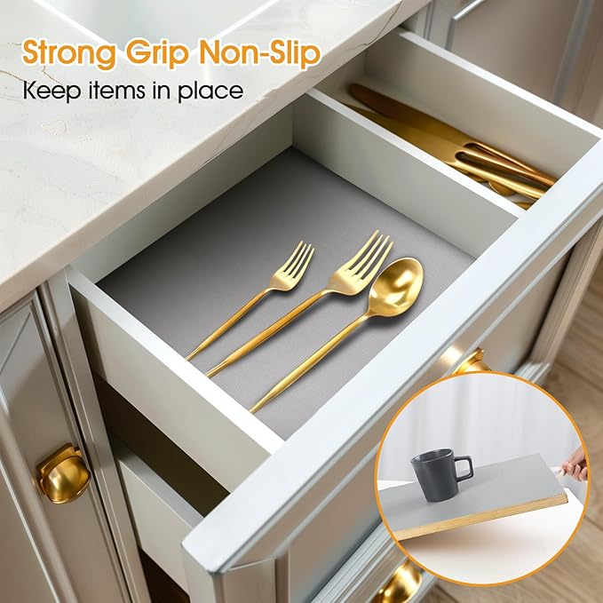Shelf and Drawer Liner for Kitchen Cabinets Non-Adhesive, Strong Grip Non-Slip Thickened Cabinet Liners for Shelves, Waterproof Mats for Dresser Cupboard, Pure Gray, 23 in x 30 Feet
