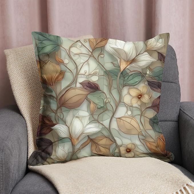Vintage Floral Throw Pillow Covers, Vintage Flower Pattern Double Sided Cushion Cover, Indoor and Outdoor Home Art Decor Pillowcase for Sofa or Bedroom Decor 18x18inches (Flower&Leaves, 18x18inches)