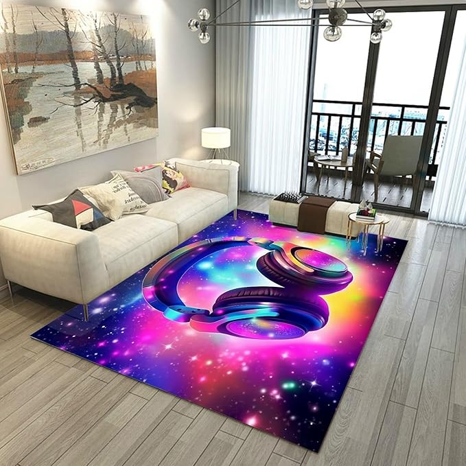 Galaxy Game Area Rug Music Headphone Rugs Colorful Throw Rug Non-Slip Carpet Doormats for Living Room Bedroom Apartment Dorm Floor Mat 63 in x 31 in