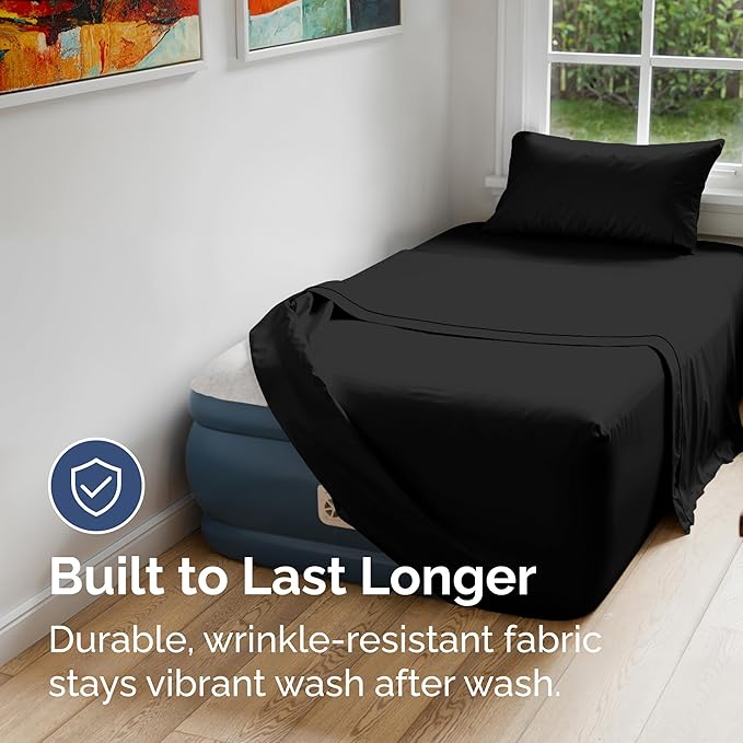 Air Mattress Sheet Set for Twin Size - 3 Piece Breathable & Cooling Sheets w/Extra Deep Pockets - Fits Inflatable & Blow Up Air Mattresses Up to 24 Inches Thick - Ultra Soft & Wrinkle Free - Black