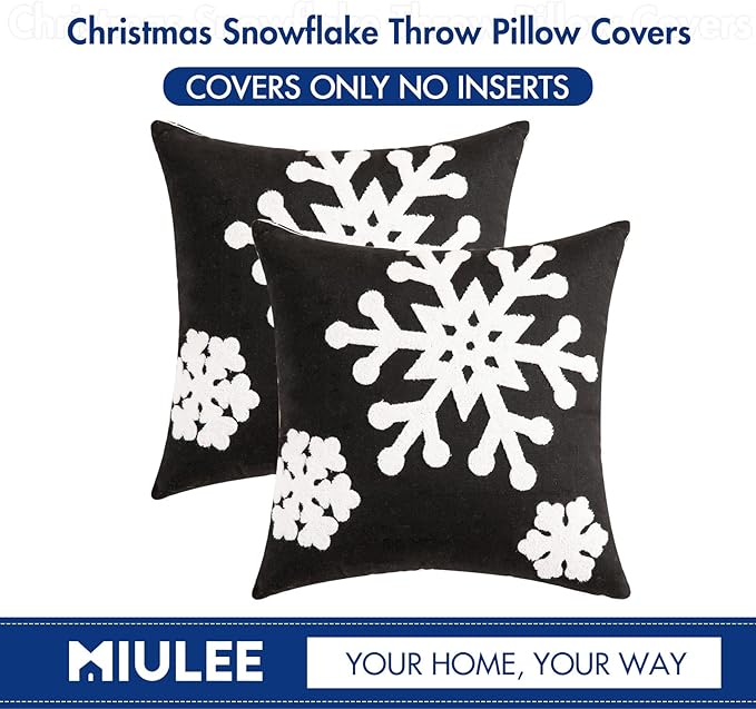 MIULEE Pack of 2 Christmas Decorative Snowflake Throw Pillow Covers Canvas Embroidery Winter Cushion Cases Holiday Decor Soft Pillowcases for Winter Couch Sofa Bedroom Car（Black, 18x18in）