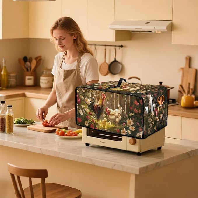 Air Fryer Toaster Oven Dust Cover with Side Pockets, Protective Countertop Microwave Oven Cover for Home Indoor Decor, L, 18.5 x 22.5 x 13 Inches, Rooster Chicken Daisy Print