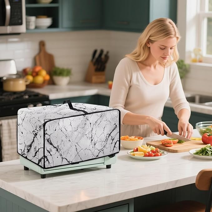 Toaster Oven Dust Cover with Pockets, Stain-resistant Kitchen Electrical Appliance Cover Countertop Ovens Decorations, L, 18.5 x 22.5 x 13 Inches, White Marble Black Crack