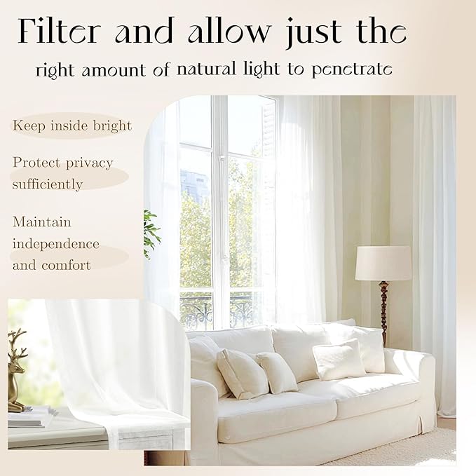 Dreaming Casa White Sheer Curtains 102 Inches Long, Rod Pocket & Back Tab Light Filtering Textured Sheers for Living Room Bedroom, 2 Panels, Each 100" W x 102" L