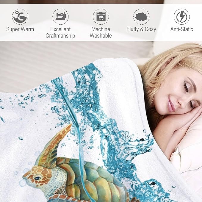 Sea Turtle Throw Blanket, Teal Blue Ocean Underwater Animal Starfish Fish Nautical Coastal Theme Fleece Flannel Blanket for Couch Sofa Bedroom Adults Kids, 50"x60"
