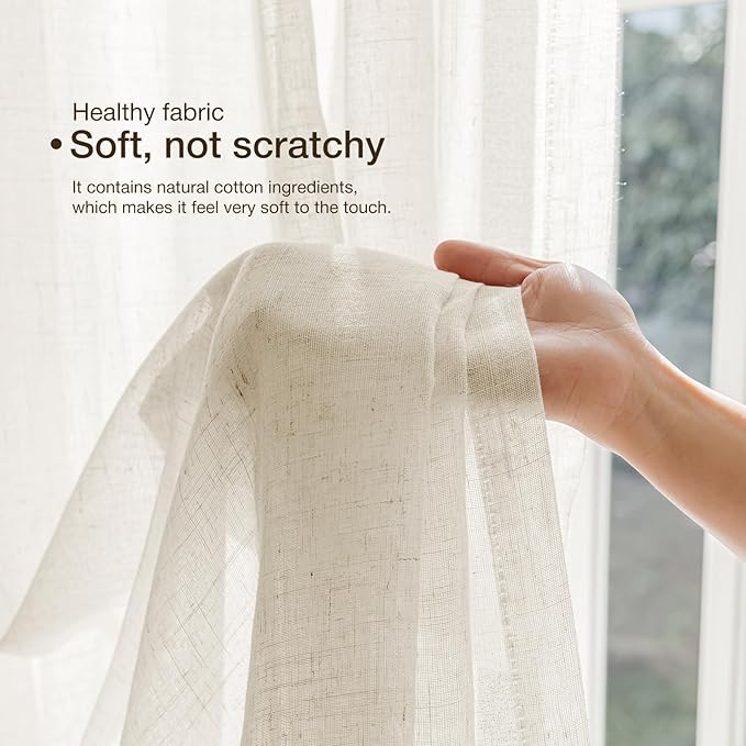 Anmao Natural Linen Curtains for Living Room 90 Inch Length 2 Panels Set, Light Filtering Semi Sheer Window Curtain Drapes for Bedroom with Curtain Rings and Clips, 52Wx90L, Ivory