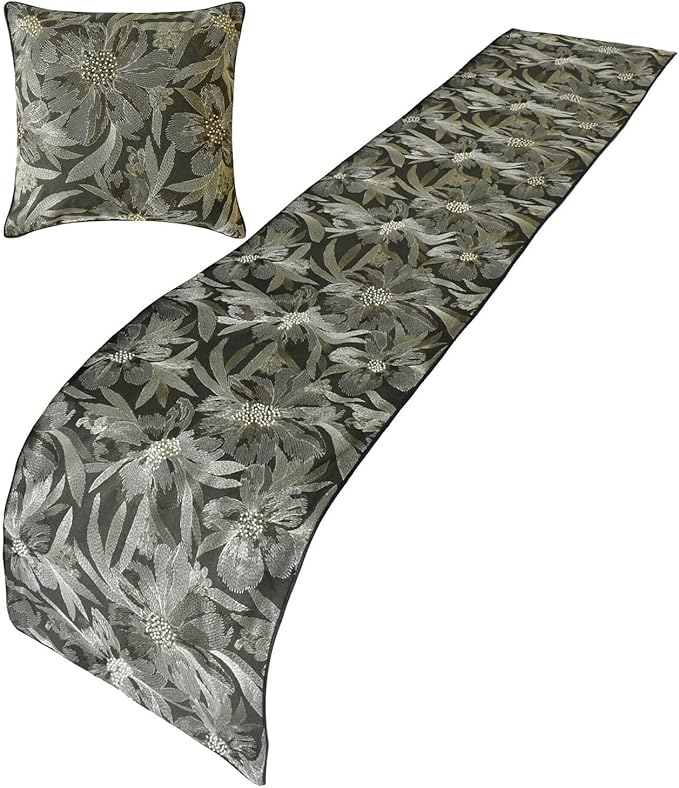 The HomeCentric King/Queen/Twin Grey Decorative Bed Runner King 90"x18" Bed Runner with Two Pillow Cover, Embroidery, Floral, Pearl Bed Scarf on Jacquard Fabric - Liana