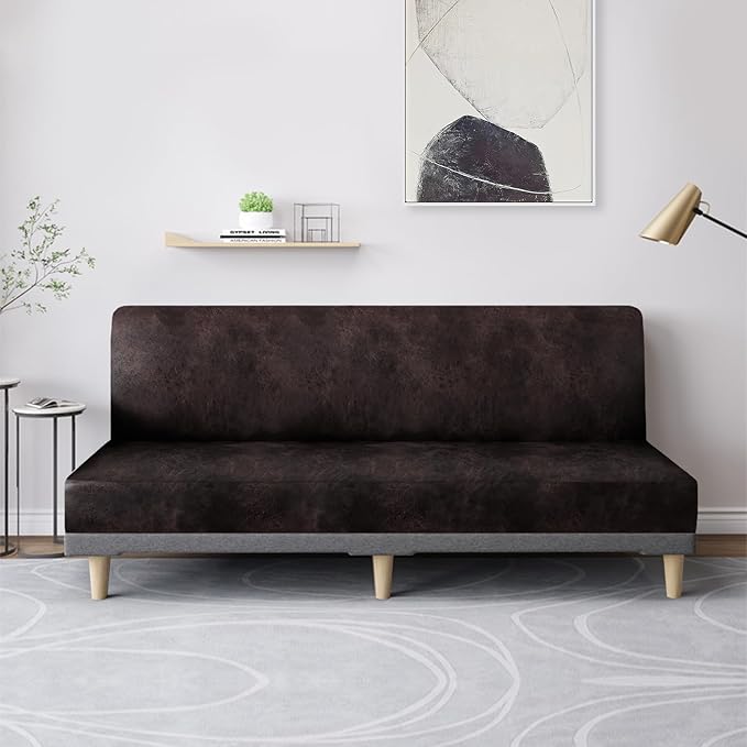 molasofa Leather Like Stretch Futon Slipcover Armless Futon Bed Sofa Cover Furniture Protector with Elastic Bottom, Soft and Washable Futon Cover for Sofa Bed Stay in Place（Larger，Chocolate）