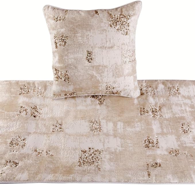 The HomeCentric Ivory Bed Runner, CA King Size 86"x18" Decorative Bed Runner with Matching Pillow Cover, Ivory Velvet Bed Scarf in Foil Velvet with Sequin - Creative Grudge