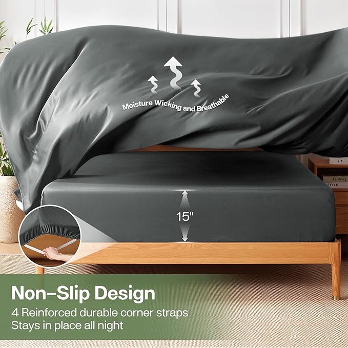 MR&HM California King Fitted Sheet, Ultra-Soft Rayon Derived from Bamboo & Polyester Blend, Silky & Breathable, 15" Deep Pocket with Elastic Straps, Cooling Fitted Sheet for Hot Sleepers, Dark Grey