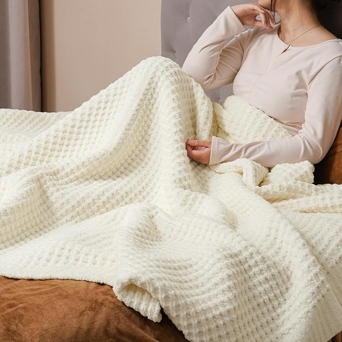 PHF Chenille Waffle Knit Blanket Twin Size- Plush Warm & Cozy 60" x 80" Ultra Soft Blanket- Chunky Fluffy Waffle Bedding for Home Decor - Cream
