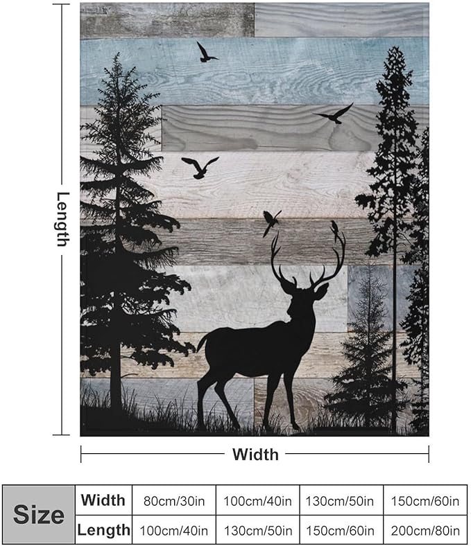 Rustic Deer Throw Blanket, Retro Cabin Farmhouse Country Lodge Blue Brown Wooden Board Wild Forest Animals Deer Bird Print Warm Cozy Blanket for Bed Couch Sofa Travel, 40"x50"