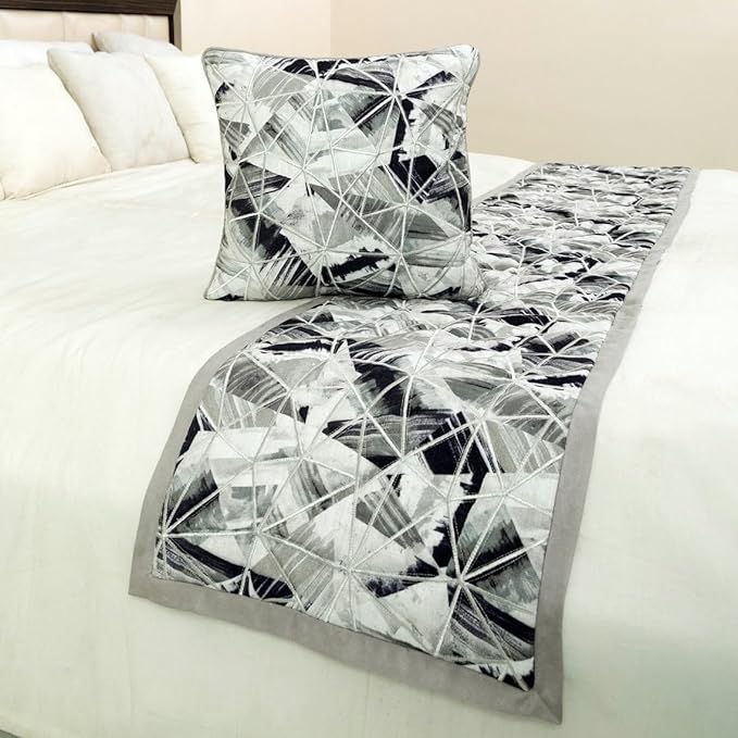 The HomeCentric King/Queen/Twin Grey Decorative Full 68"x18" Bed Runner Without Pillow Cover, Print & Embroidery Bed Scarf on Cotton Fabric - Grey Angular