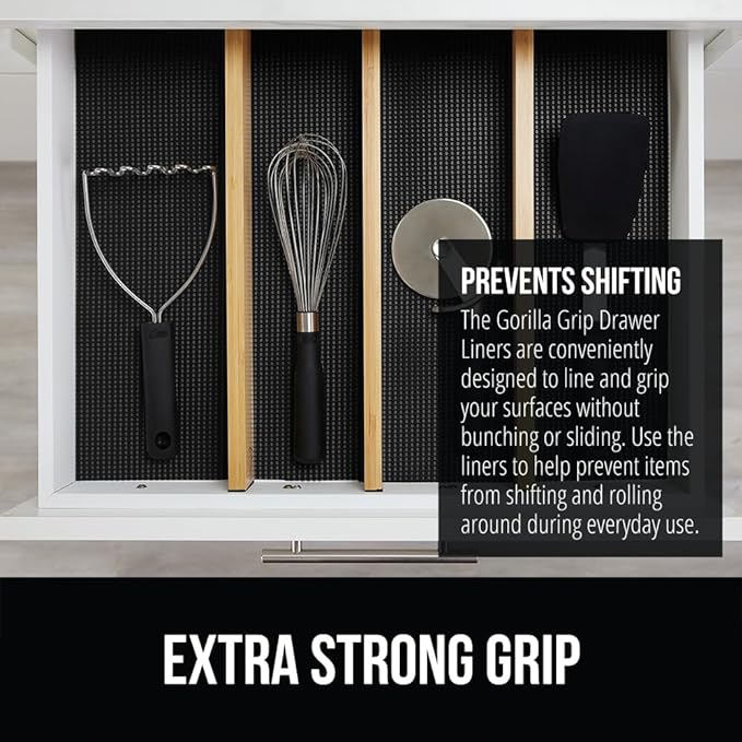 GORILLA GRIP powerGRIP Drawer Shelf and Cabinet Liner, Thick Strong Hold, Non-Adhesive Liners Protect Kitchen Cabinets and Cupboard, Bathroom Drawers, Easy Install, Breathable Mat, 20" x20', Black