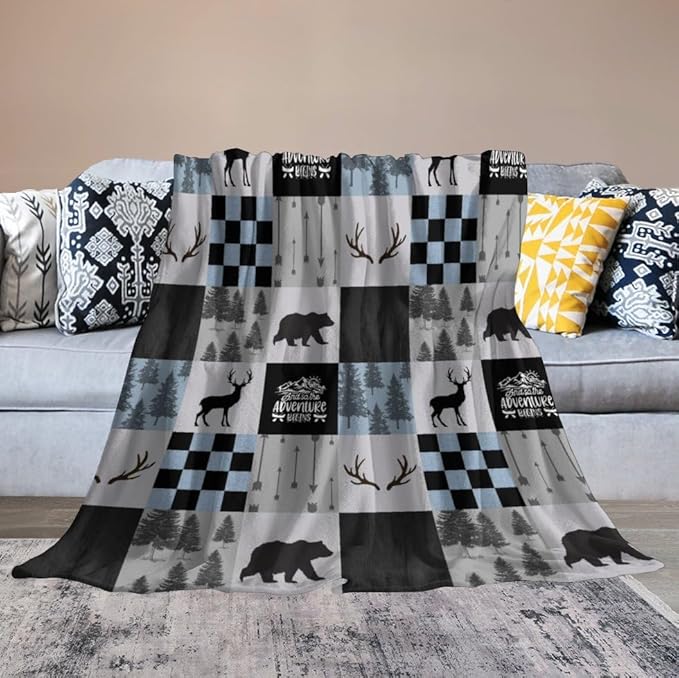 Bear Cabin Plaid Blanket, Rustic Retro Bear Deer Patchwork Gray Blue Farmhouse Throw Blanket for Couch Bed Living Room, 40"x50"