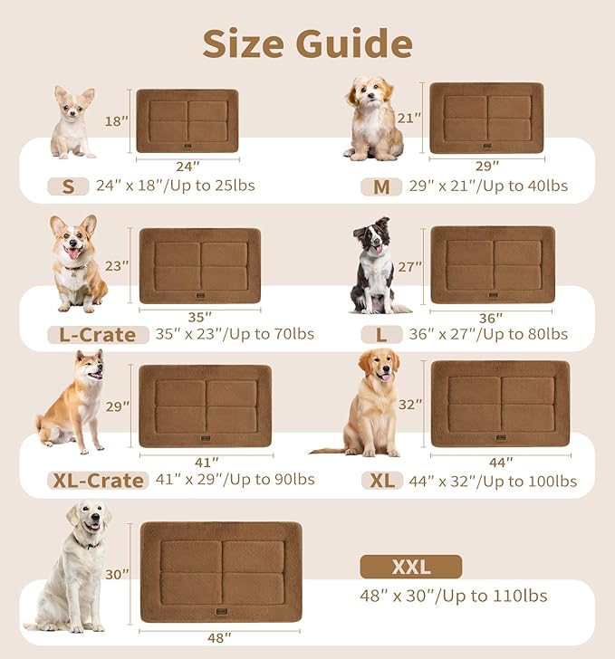 MADE 4 PETS Dog Crate Pad Bed for Extra Large Dogs, Washable & Reversible, Anti-Slip Kennel Mat for Cozy Sleeping, Soft Fluffy Dog Bed for Indoor & Outdoor Use, 48"x30", Brown