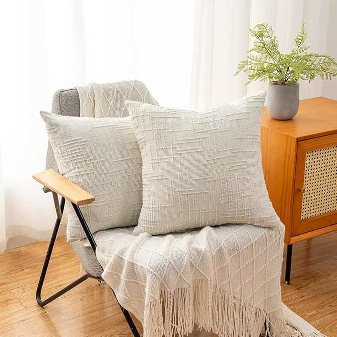 Decorative Throw Pillow Covers 18x18 Inch Set of 2, Soft Solid Farmhouse Chenille Couch Pillows, Spring Pillow Covers for Couch Sofa Bed Living Room Home Decor Pillowcase, Cream White