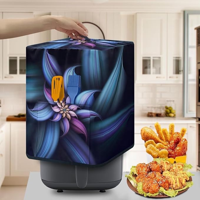Insulated Air Fryer Appliance Cover Dust Cover with Storage Pocket for Spoon/Cooking Utensils/Recipes, Easy to Clean Machine Washable, Blue Purple Flower
