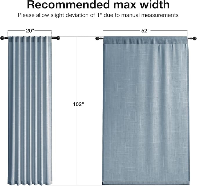 Anmao Natural Linen Curtains for Living Room 102 Inch Length 2 Panels Set, Light Filtering Semi Sheer Window Curtain Drapes for Bedroom with Curtain Rings and Clips, 52 Inch Wide Each Panel, Haze Blue